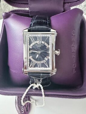 Charriol ColumbusSilver-Tone Rectangular Watch with dark  Dial and Leather Strap